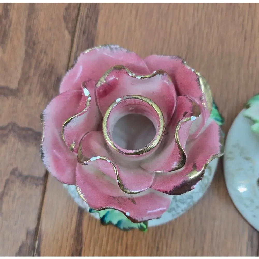Vintage Commodore Japan Pink Rose Candle Holders Set of 3‎ Porcelain MCM